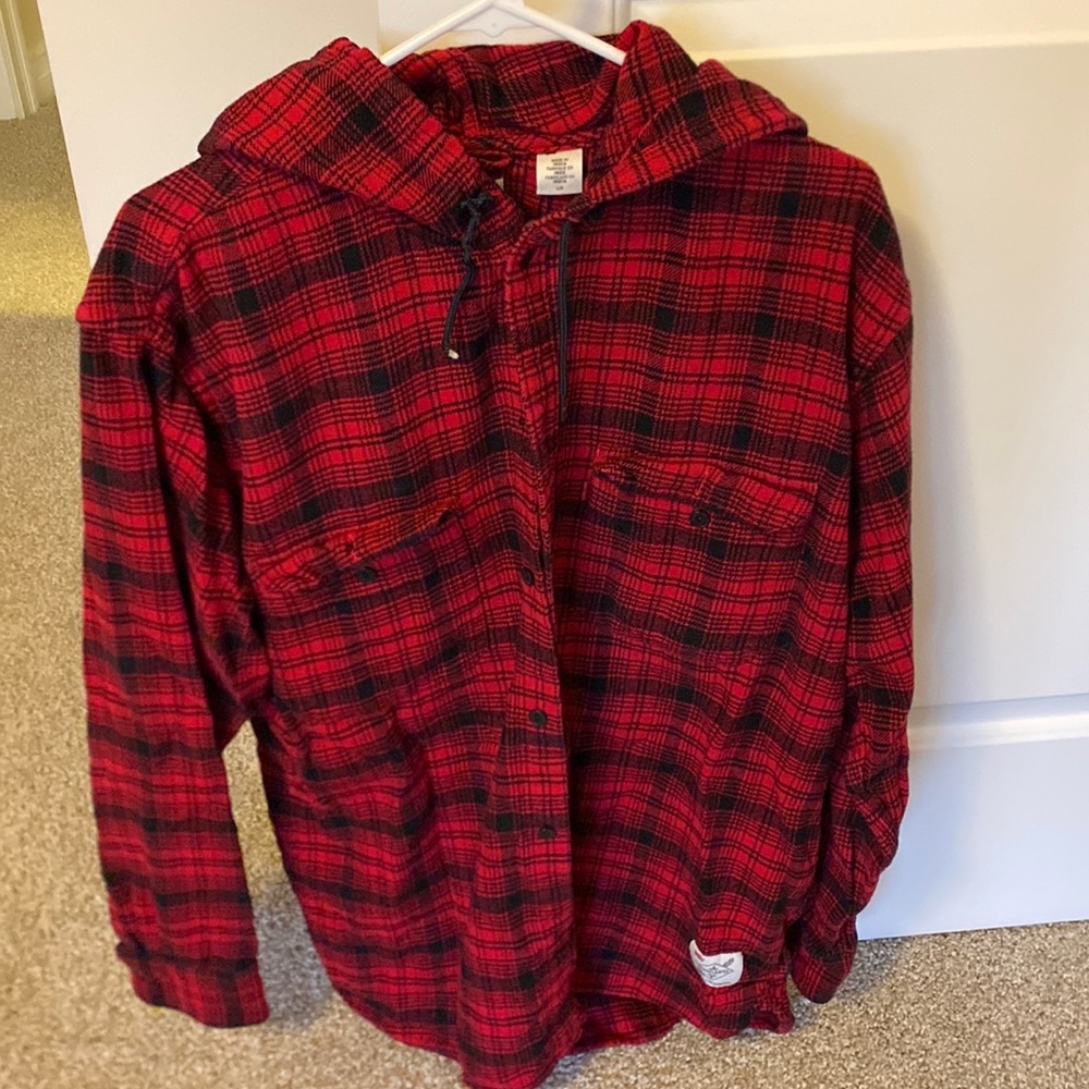 Justin Timberlake plaid hoodie with buttons. (missing one button). Size L.